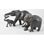 Two Carved Souvenir African Elephants, Bone Tusks and Toes