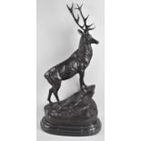 A Very Large and Heavy Bronze Study of Stag on Rock after Moignier on Oval Stepped Marble Base,