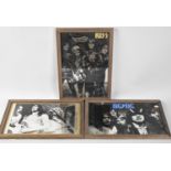 A Collection of Three Printed Mirrors for Status Quo, Kiss and ACDC, Each 32x22cm