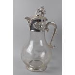 A Silver Plate Mounted and Etched Glass Claret Jug with lion and Shield Finial to Hinged Lid, Mask