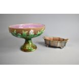 A Majolica Pedestal Bwl Together with a Glazed Two Handled Galleried Dish. Condition Issues