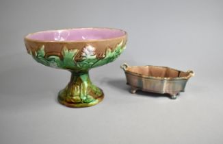 A Majolica Pedestal Bwl Together with a Glazed Two Handled Galleried Dish. Condition Issues