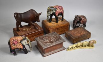 A Collection of Various Indian Wooden Boxes, Elephants etc