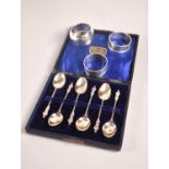 Three Silver Napkin Rings, 55g Together with a Cased Set Six Apostle Spoons, 34g