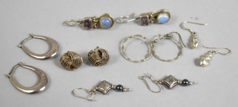 Six Pairs of Silver Earrings, One Pair with Moonstone and Pale Amethyst