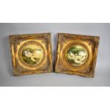 A Pair of Reproduction Gilt Framed Porcelain Plaques of Domed Form Depicting Ducklings, One AF, 30cm