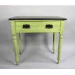 A Vintage Green Painted Kitchen or Scullery Table with Polished Stone Top, 76cm wide