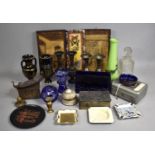 A Collection of Sundries to Include Coloured Glassware, Cash Tin, Butterflies etc