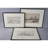 Three Framed Rowland Langmaid (1897-1956) Etchings, Signed in Pencil, 31.5cm x 17.5cm approx