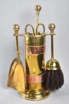 A Mid 20th Century Copper and Brass Fire Companion Set, the Cylinder Container, 22.5cm High