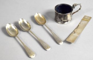 A Collection of Silver Items to Comprise Bookmark, Three Teaspoons and a Mustard Pot (Missing