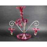 A Large Late Victorian Cranberry Glass Three Trumpet Epergne on Wavy Dish Base, Having Two Plain