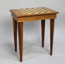 A Small Modern Italian Inlaid Musical Games Table Containing Draughts and Chess Pieces, Dominoes