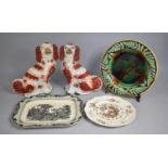 Two 19th Century Staffordshire Spaniels in the Liver Colourway, Large Majolica Plate and Two Mason