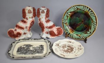 Two 19th Century Staffordshire Spaniels in the Liver Colourway, Large Majolica Plate and Two Mason