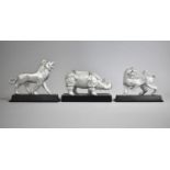 A Collection of Three Modern Silver Painted Metal Studies of Animals on Wooden Plinth, 19cm long