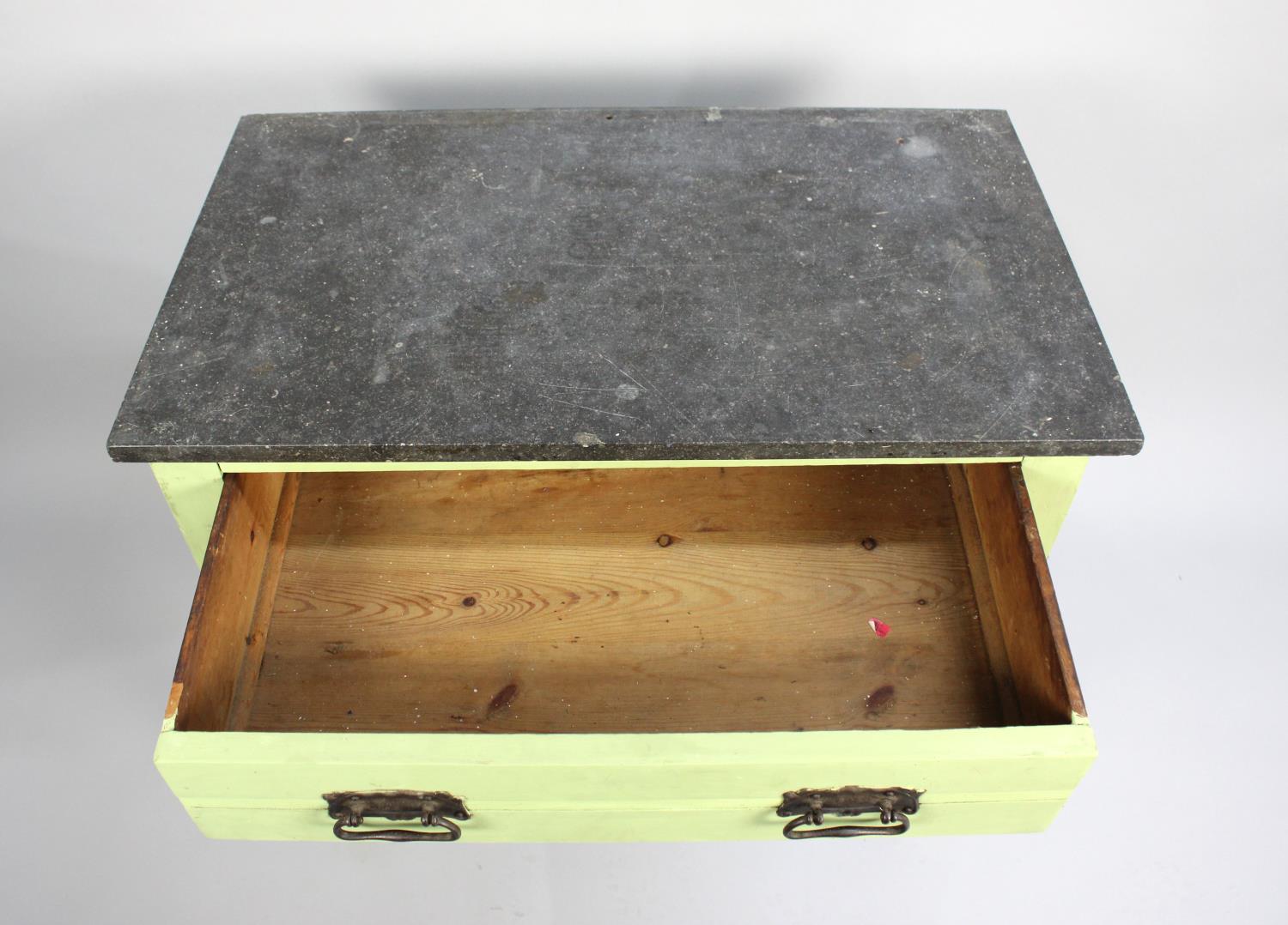 A Vintage Green Painted Kitchen or Scullery Table with Polished Stone Top, 76cm wide - Image 2 of 2