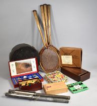 A Collection of Vintage Items to Comprise Badminton Rackets, Part Staunton Chess Set, Mineral Sample