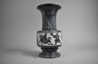 A Carved Polished Stone Vase, the Border Decorated with Oriental Figures on Horseback and Cart, 29cm