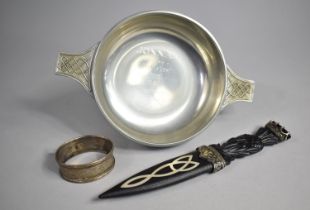 A Silver Plated Presentation Quaish Together with a Scottish Carrick Dagger and a Silver Napkin Ring