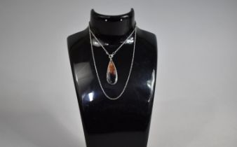A Blue John Silver Mounted Pendant on Chain, the Pendant of Tear Drop Form 3.5cm Long