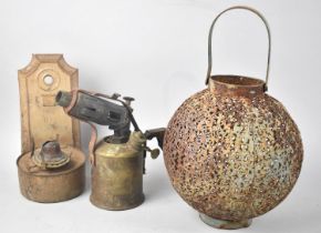 A Vintage Blow Torch, Wall Hanging Paraffin Lamp and a Tealight Stand