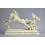 A Large Cream Painted Composition Study of Two Horse Charioteer, Rectangular Plinth Base, 42cm wide