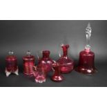 A Collection of Various Late Victorian/Edwardian Cranberry Glass to Include Large Handbell,