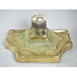 A Late 19th Century Pressed Brass Desktop Inkstand with Glass Bottle, 24cm wide