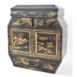 An Edwardian Lacquered Chinese Table Top Collectors Cabinet Decorated in Gilt and Coloured