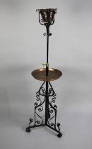 A Late Victorian Wrought Iron Rise and Fall Oil Lamp Stand with Copper Circular Tray Shelf, Copper