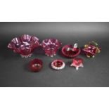 A Collection of Late Victorian/Edwardian Cranberry Glass to Include Bowls, Basket etc