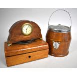 A Vintage Oak Biscuit Barrel, Small Box and an Early 20th Century Mantle Clock