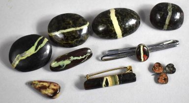 A Collection of Various Polished Stone Jewellery to Comprise Brooches, Pendant, Tie Clip etc