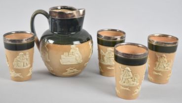 A Doulton of Lambeth Silver Mounted Set Comprising Tavern Jug and Four Beakers with Inscribed