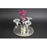 A Late Victorian Cranberry and Plain Glass Four Trumpet Epergne on Circular Mirrored Base, 27.5cm