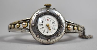 A Ladies Silver Wrist Watch with Gold Gilts on Decorated Bracelet in 800 Silver, Enamel Dial, in