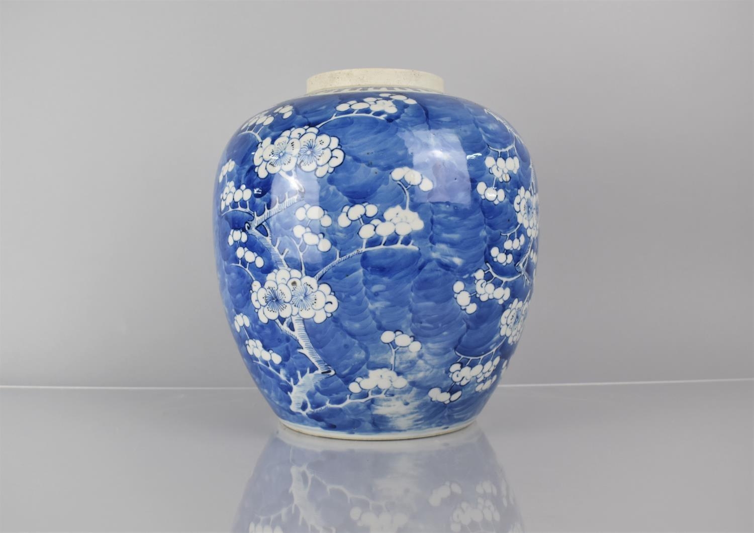 A Large 19th Century Chinese Blue and White Prunus Pattern Ginger Jar, Double Concentric Mark to