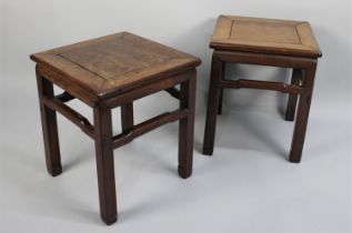 A Pair of Early 20th Century Chinese Hardwood Low Tables/Stools on Stretcher Square Supports,