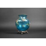 A Late 19th Century French Aesthetic Enamelled Blue Baccarat Type Vase of Globular Form with