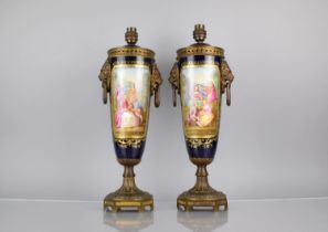 A Pair of Sevres Style Porcelain Gilt Bronze Mounted Pot Pourri Vases of Slender Oviform with Lion