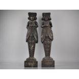 A Pair of Early Carved Wooden Furniture Mounts in the Form of Standing Husband and Wife, 58cms High