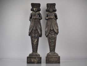 A Pair of Early Carved Wooden Furniture Mounts in the Form of Standing Husband and Wife, 58cms High