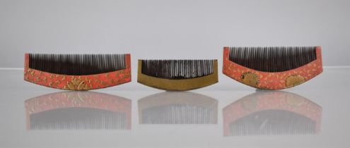 Three Nice Quality Japanese Lacquer Combs, Two Examples with Gilt Floral Design on Red Ground and