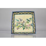 A French Longwy Pottery Cloisonne Square Dish decorated with Bird in Branches on Cream Crackle