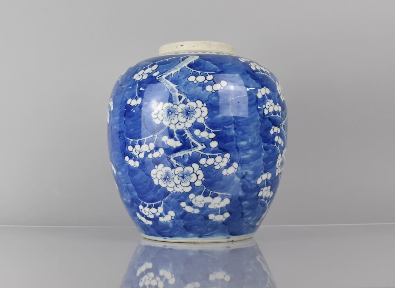 A Large 19th Century Chinese Blue and White Prunus Pattern Ginger Jar, Double Concentric Mark to - Image 4 of 5