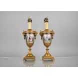 A Pair of Sevres Style Porcelain and Gilt Bronze Mounted Urn Shaped Table Lamps with Goat Mask