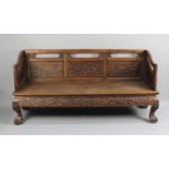 A Chinese Carved Hardwood Settee with Carved and Pierced Panel Back with Birds in Branches