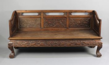 A Chinese Carved Hardwood Settee with Carved and Pierced Panel Back with Birds in Branches