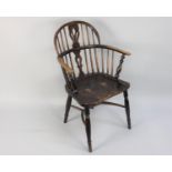 An Early 19th Century Windsor Arm Chair with a Low Hooped Back over Pierced Splats, Solid Elm